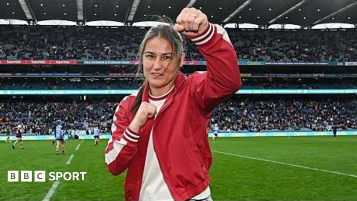 Katie Taylor on the Croke Park pitch at half-time in this year's Leinster hurling final