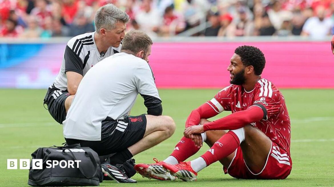 Joe Gomez, sitting on the pitch, is attended to by medical staff after an early injury against Sunderland