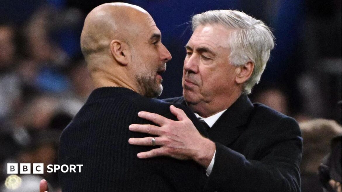 Manchester City's Spanish coach Pep Guardiola and Real Madrid's Italian coach Carlo Ancelotti hug each other