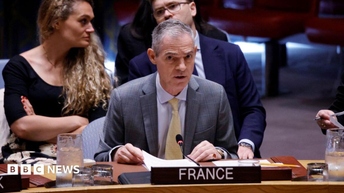 France's UN Ambassador Jerome Bonnafont speaking at the UN Security Council on the table with a "France" placard while two