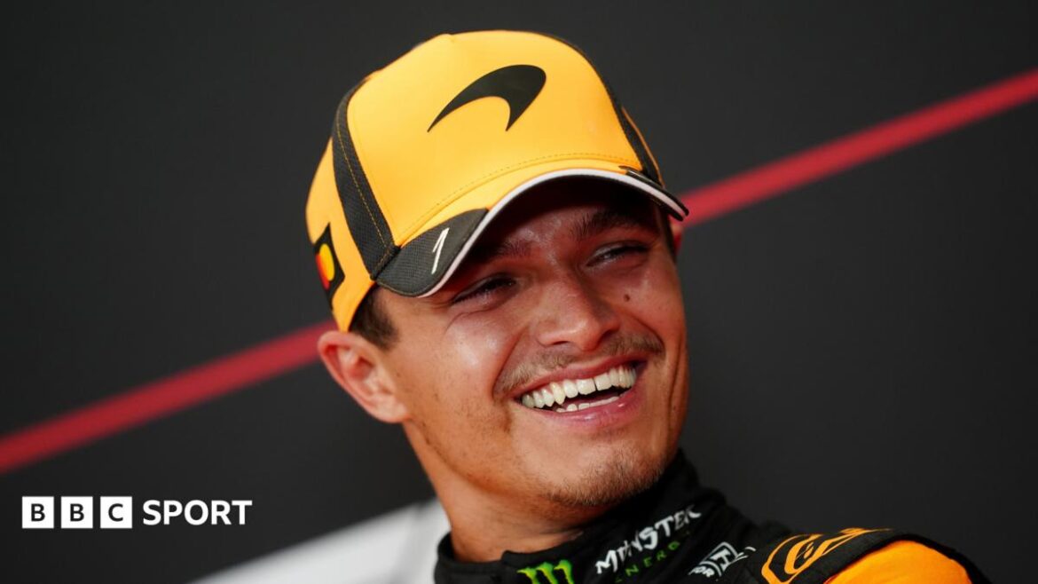 McLaren's Lando Norris smiles during the post-race news conference after the Hungarian Grand Prix