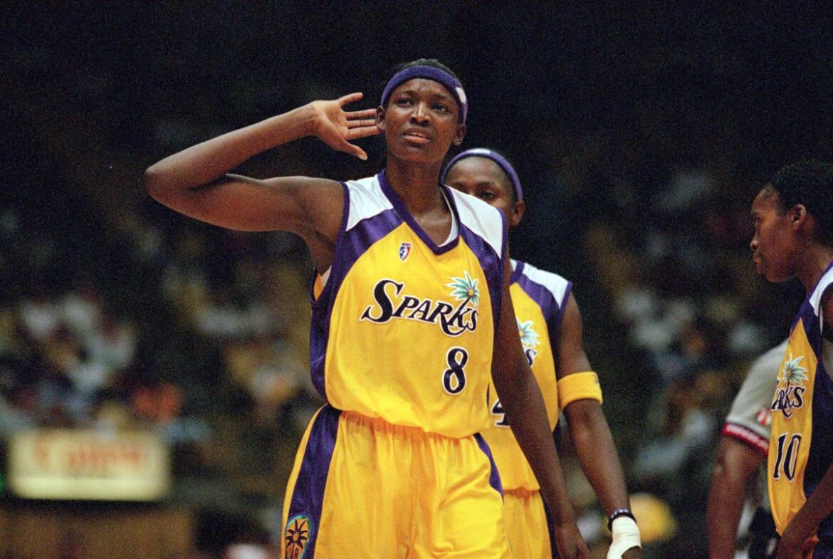 Delisha Milton #8 of the Los Angeles Sparks is looking on during the game against the Sacramento Monarchs at the Great