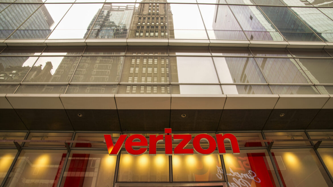 The front of the Verizon store in Times Square in New York City on July 16, 2026. The Verizon logo is visible above the