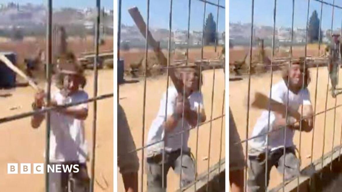 Screengrabs from a video showing a teenage Israeli settler using a stick to hit a metal gate and fence during an attack on a