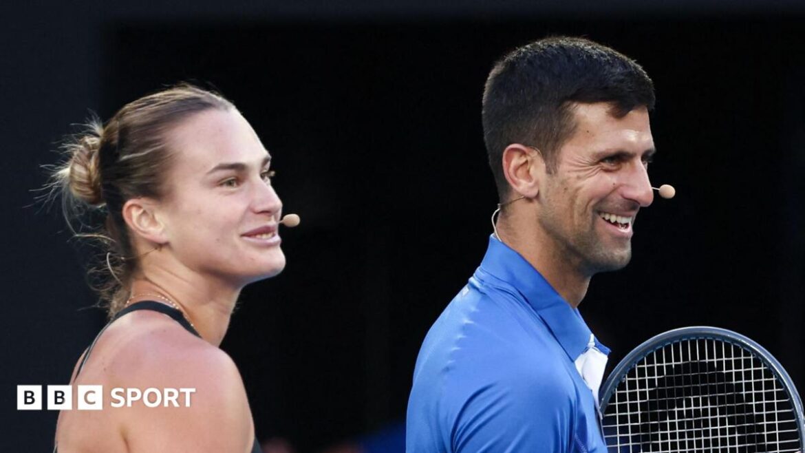 Aryna Sabalenka and Novak Djokovic play together in an exhibition event at the 2024 Australian Open