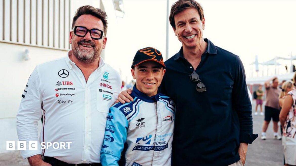 Mercedes driver scout Gwen Lagrue pictured with team boss Toto Wolff and Mercedes junior driver James Anagnostiadis