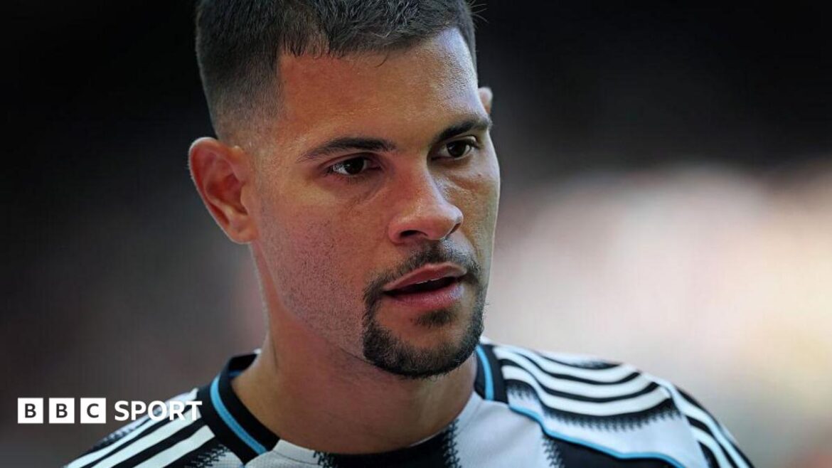 Head and shoulders view of Bruno Guimaraes playing for Newcastle