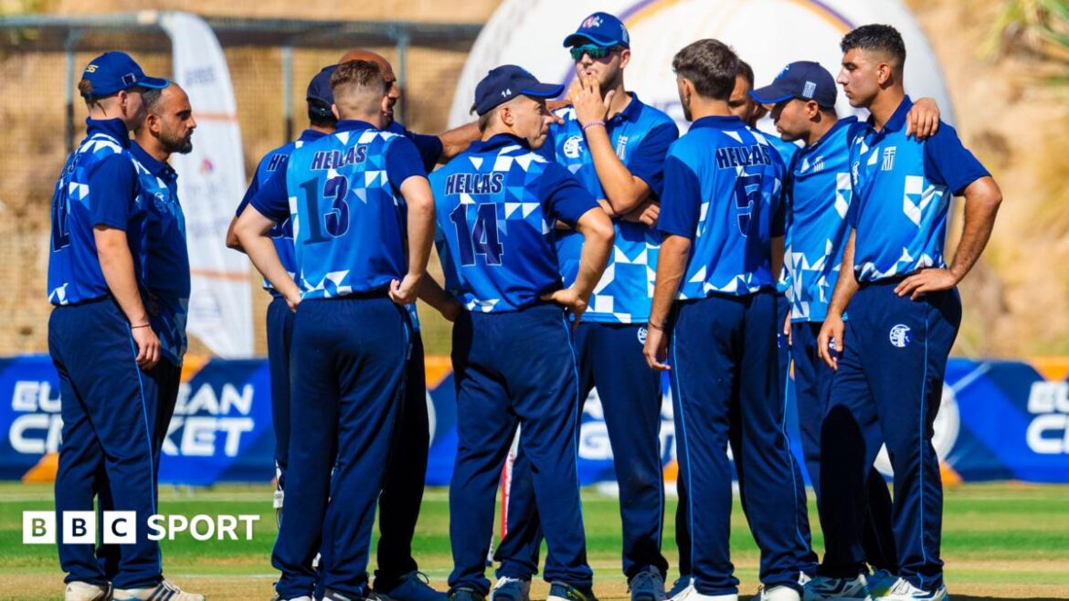 Greece's players comes together to celebrate a wicket at a European Cricket Network event in 2024