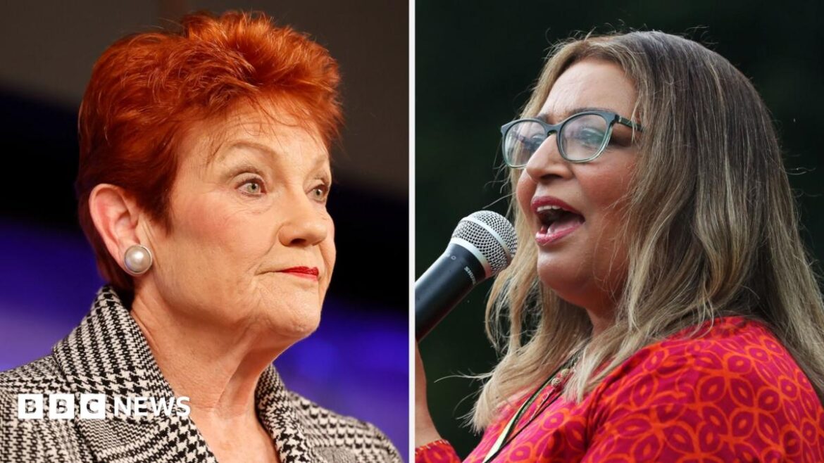 A split screen image. On the left an older woman with short red hair wearing a black and white check quote, on the right