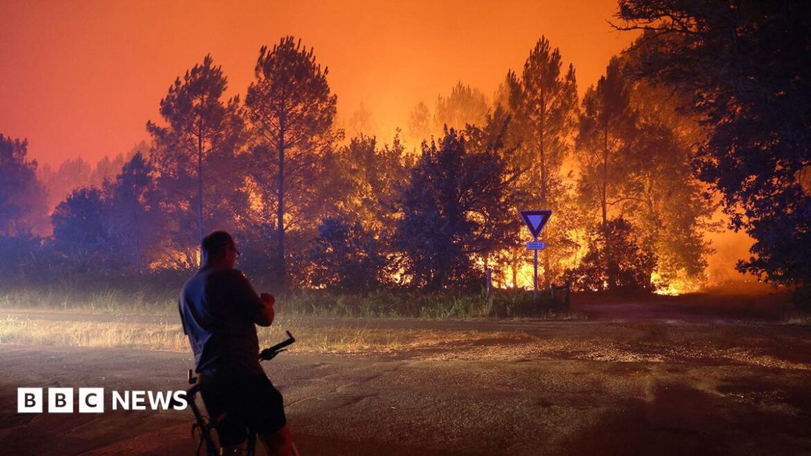 A person leans on a bike in front of a blaze that burns in a forested area