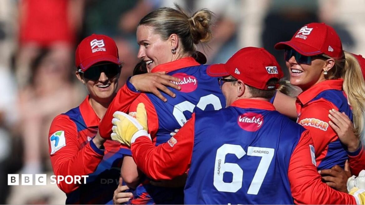 Lauren Bell is mobbed by her Southern Brave team-mates at the conclusion of their win over MI London in The Hundred