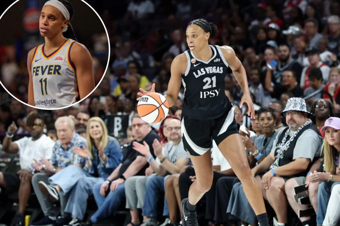 An image collage containing 2 images, Image 1 shows Brianna Turner #21 of the Las Vegas Aces brings the ball up the court