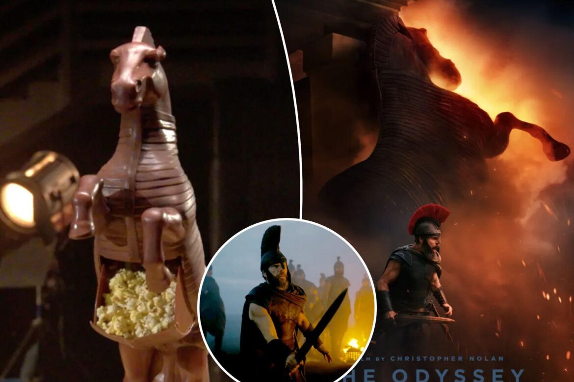 An image collage containing 3 images, Image 1 shows A Trojan horse-shaped popcorn bucket, Image 2 shows Movie poster for The