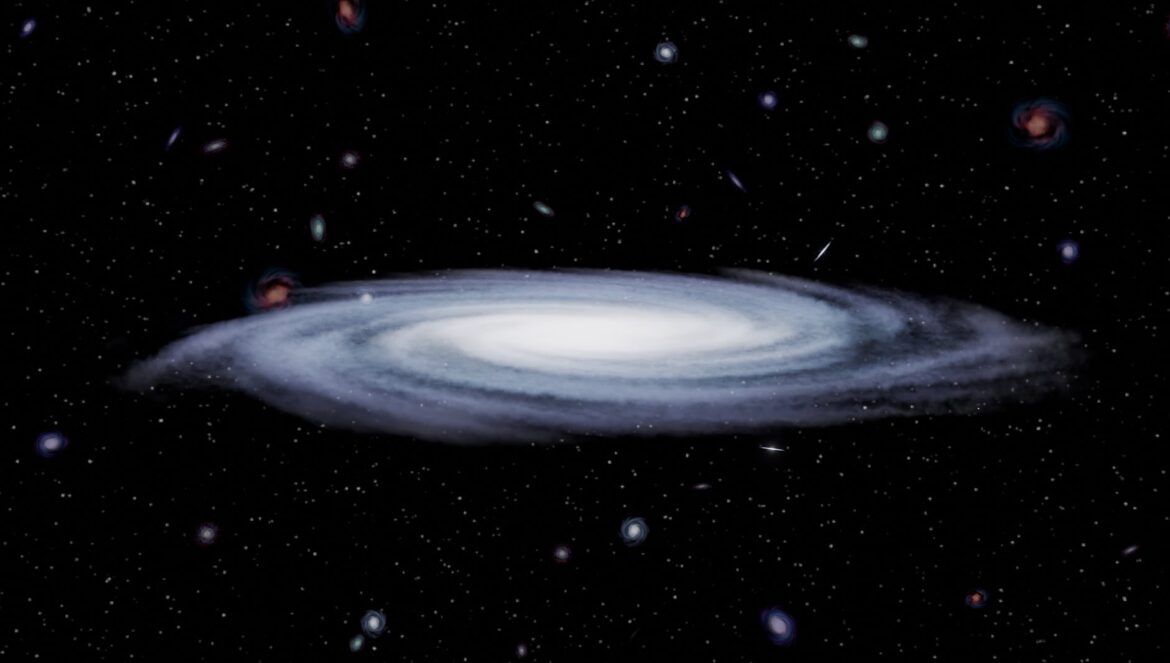 Illustration of one large spiral galaxy with smaller galaxies across a black star field