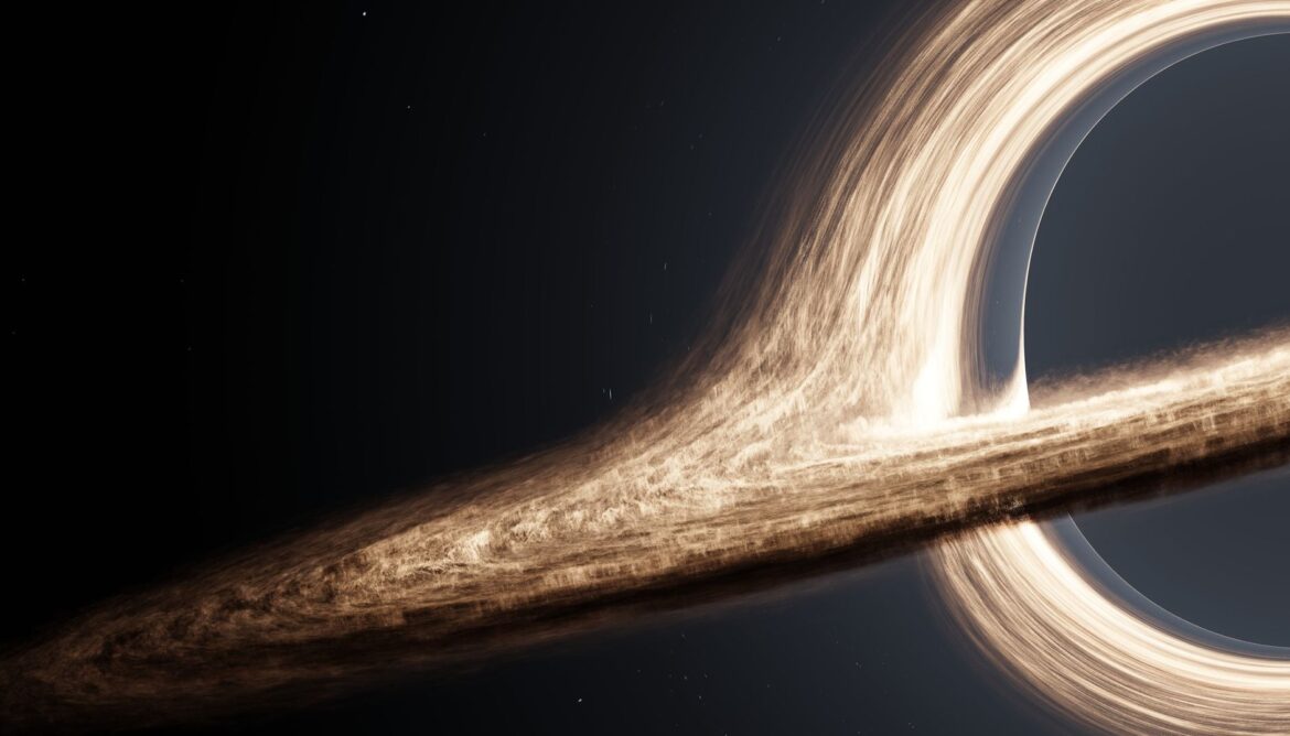 Representative digital visualisation of a black hole surrounded by a bright, warped accretion disc