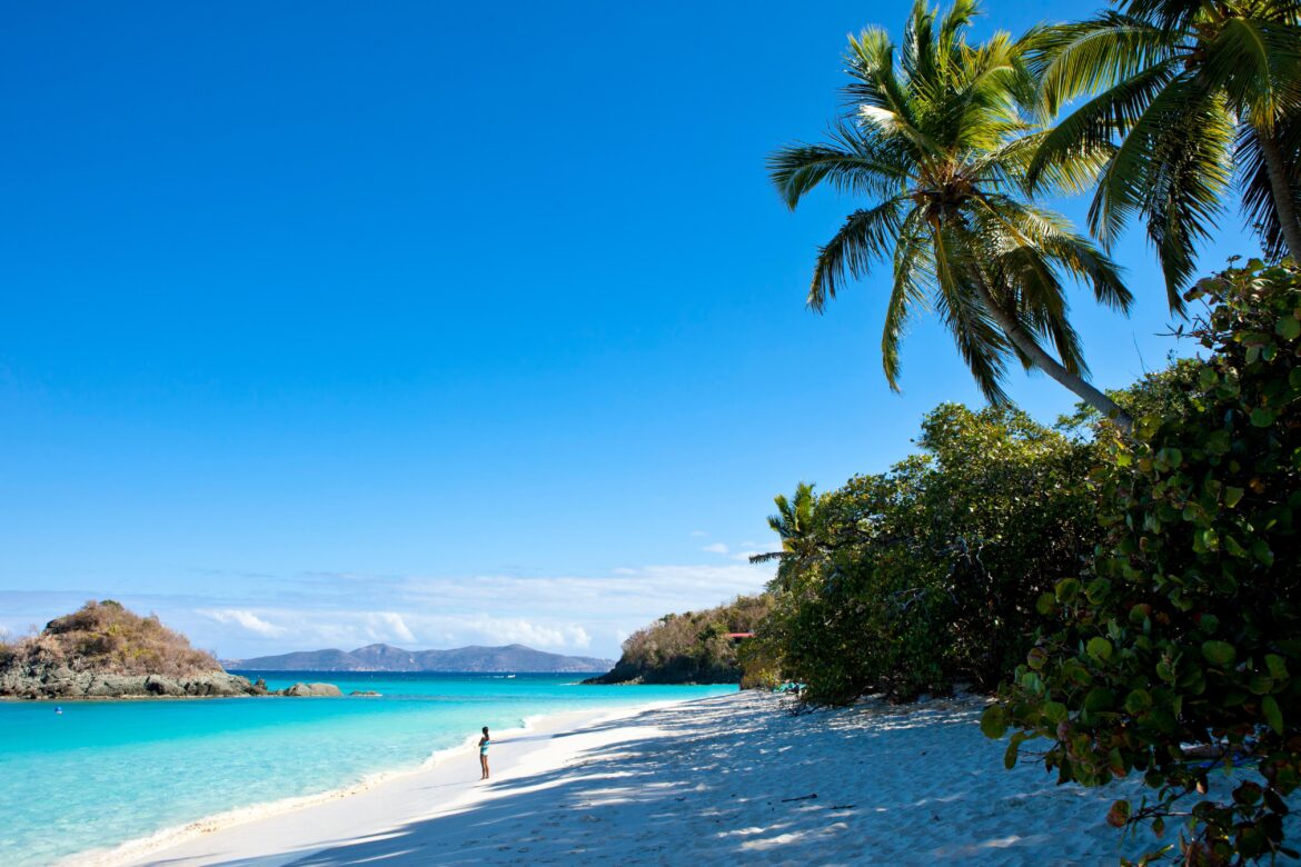 A person stands alone on Trunk Bay beach in the Caribbean, with turquoise water and palm trees