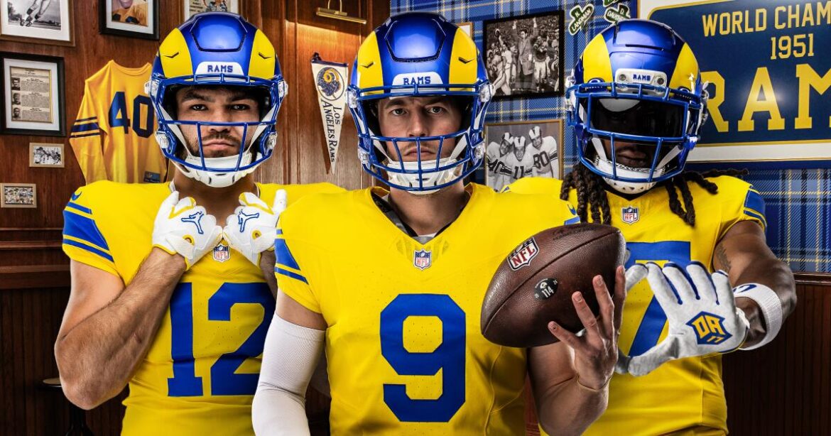 Rams players (from left) Puka Nacua, Matthew Stafford and Davante Adams showcase the Rams' new uniforms for 2026