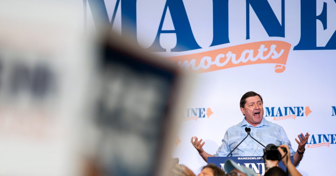 Troy Jackson speaks during Maine Democrats' nominating convention at the Bangor Cross Insurance Center on Saturday in