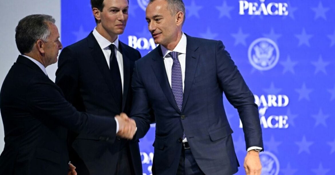 US Special Envoy Steve Witkoff (L) shakes hands with Nickolay Mladenov, Bulgarian High Representative for Gaza (R) next to