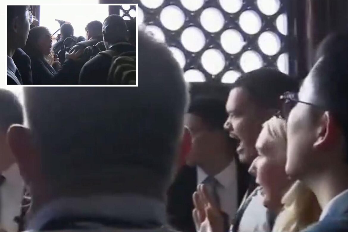 A collage showing people speaking intensely in a crowd