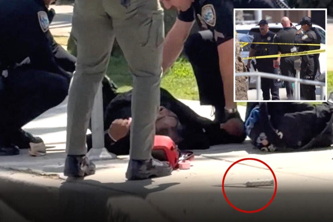 Collage of police arresting a person on the ground, with a knife circled in red, and an inset of police at a crime scene