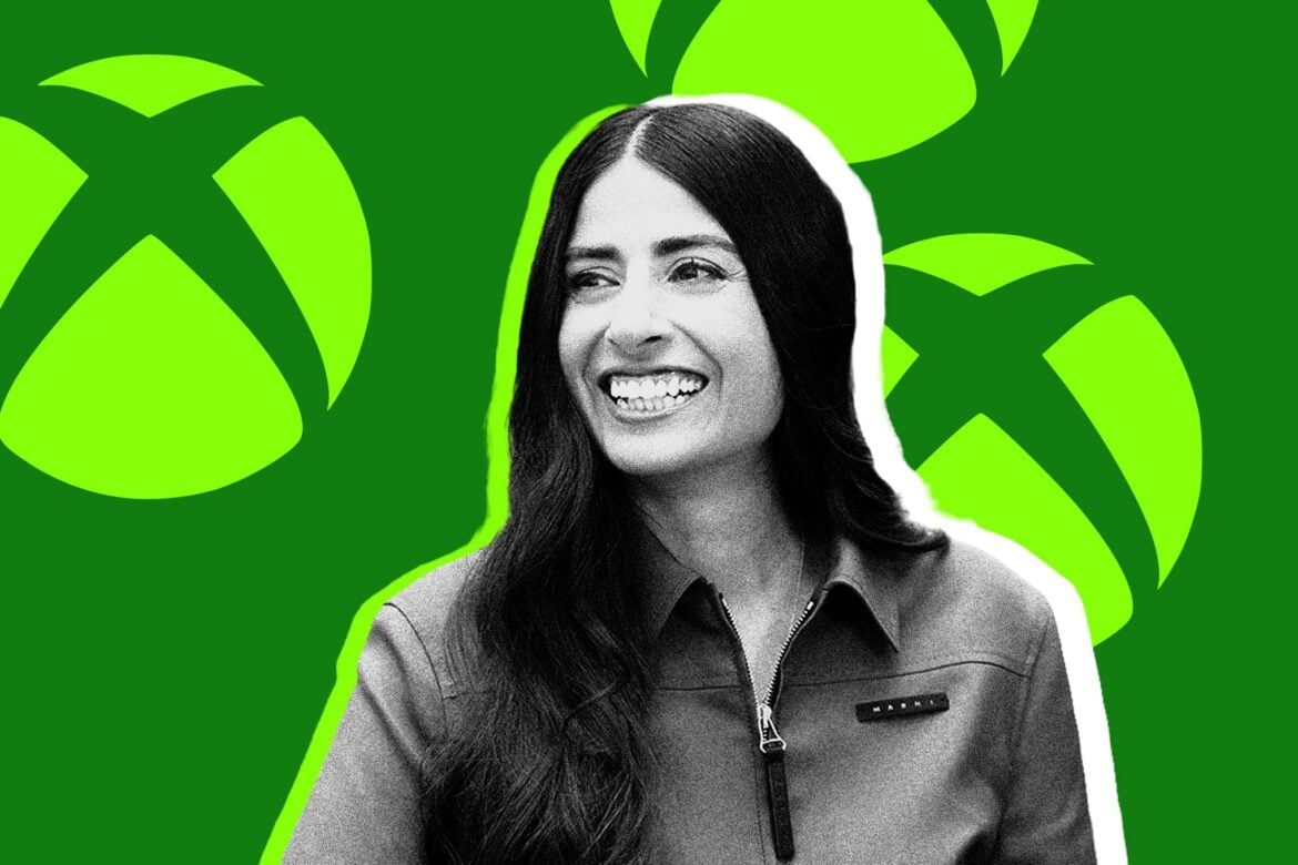 Asha Sharma on a background of green Xbox logos