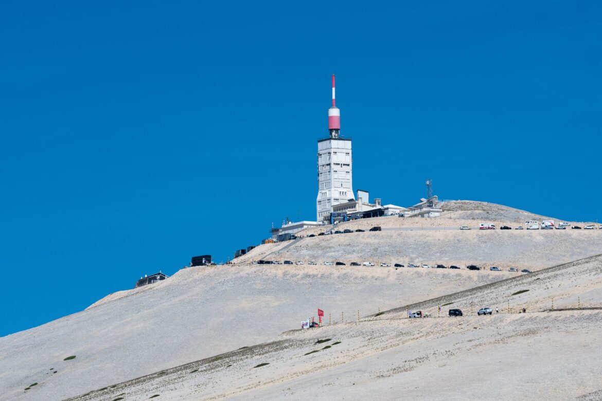 Wide shot of the top of Mont Ventoux and the iconic weather centre that sits on top of the mountain