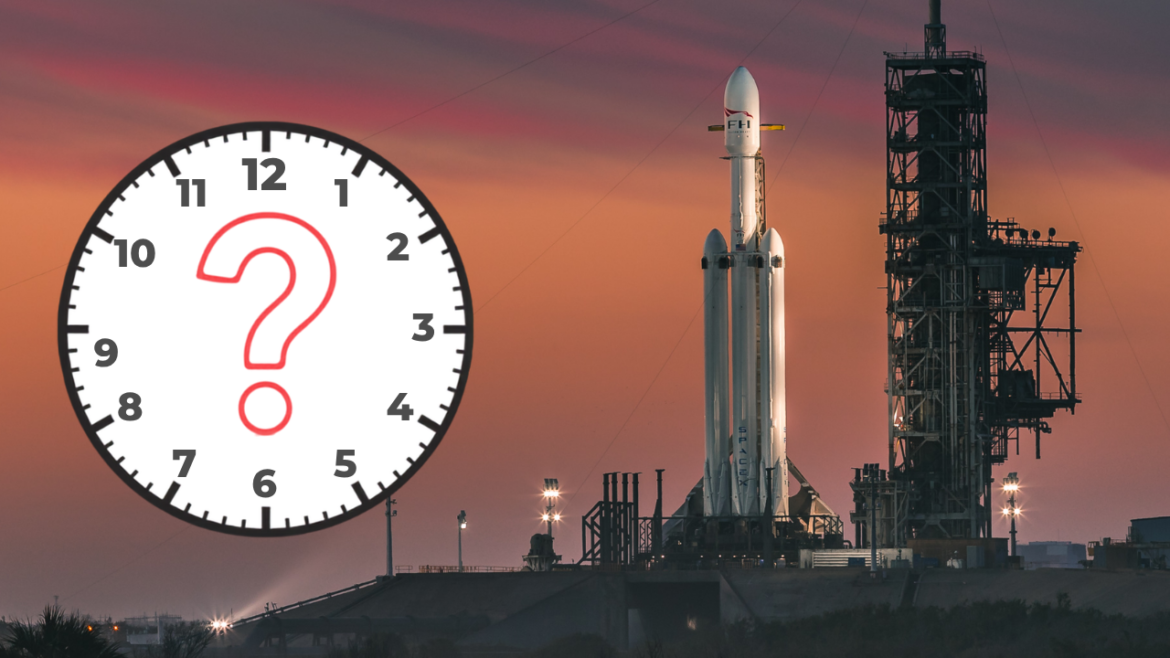 A SpaceX Falcon Heavy rocket on the launch pad with a clock superimposed in the foreground