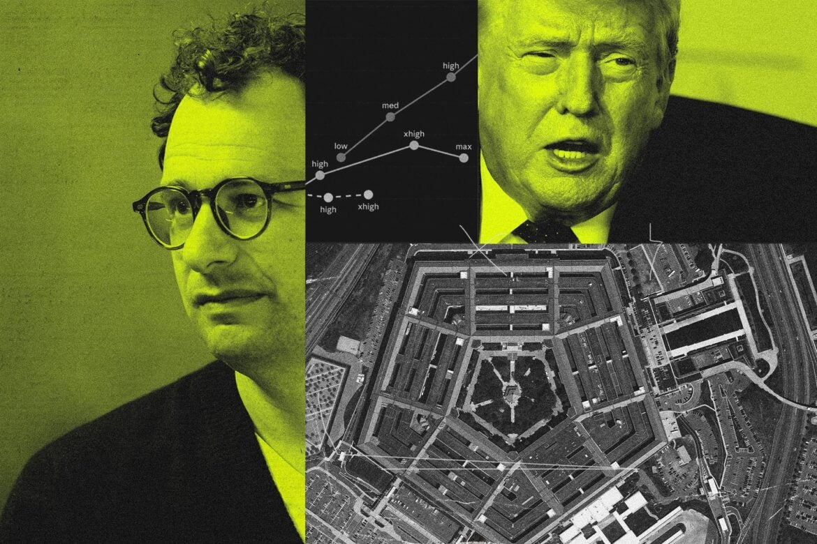 A photo illustration featuring Anthropic CEO Dario Amodei, President Donald Trump, and the Pentagon