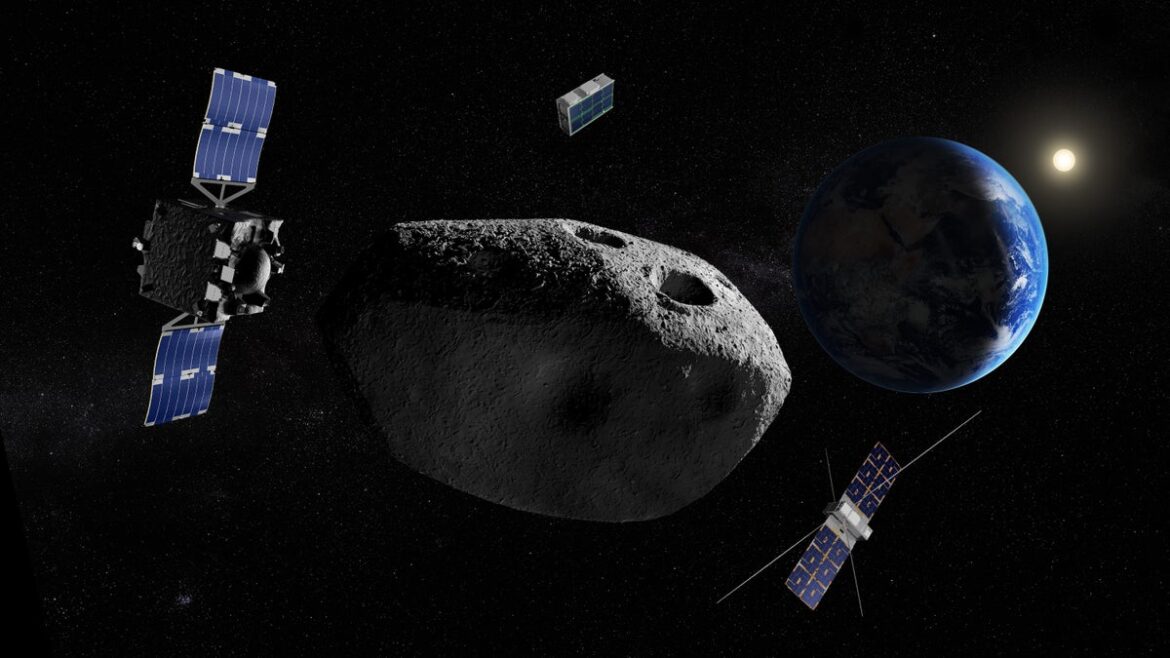 Three small robotic spacecraft approach a gray asteroid, with a crescent Earth in the background