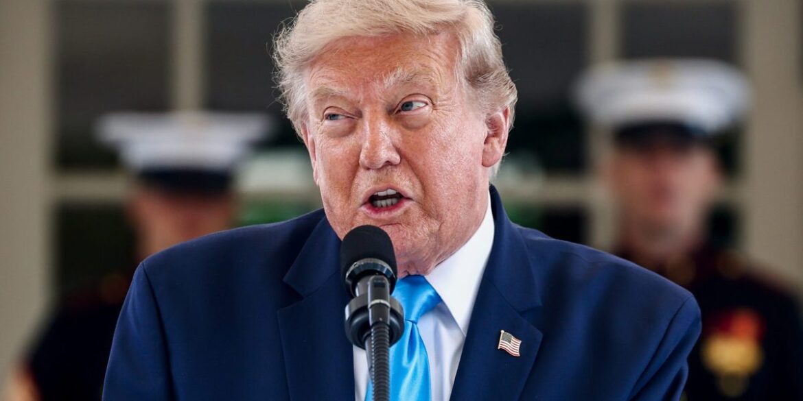 Donald Trump speaks into a microphone