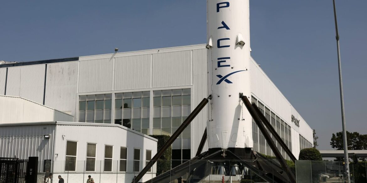 A SpaceX Falcon 9 rocket is displayed at a SpaceX facility on August 4, 2026 in Hawthorne, California