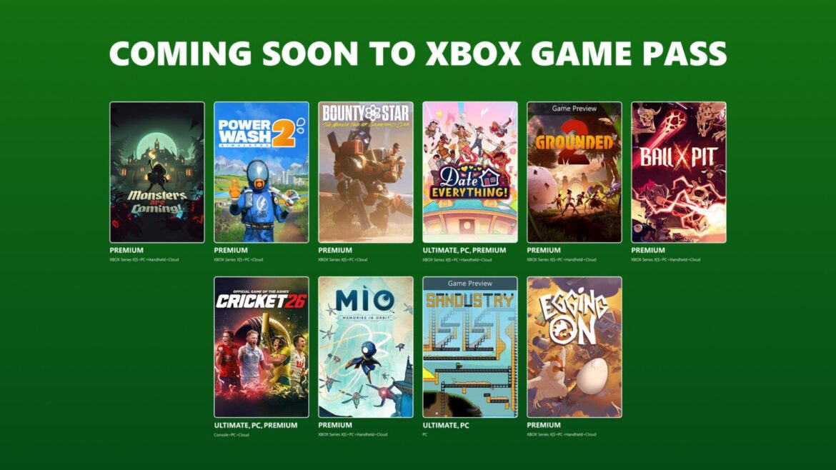 A promotional graphic titled Coming Soon to Xbox Game Pass featuring ten video game covers arranged in two rows against a