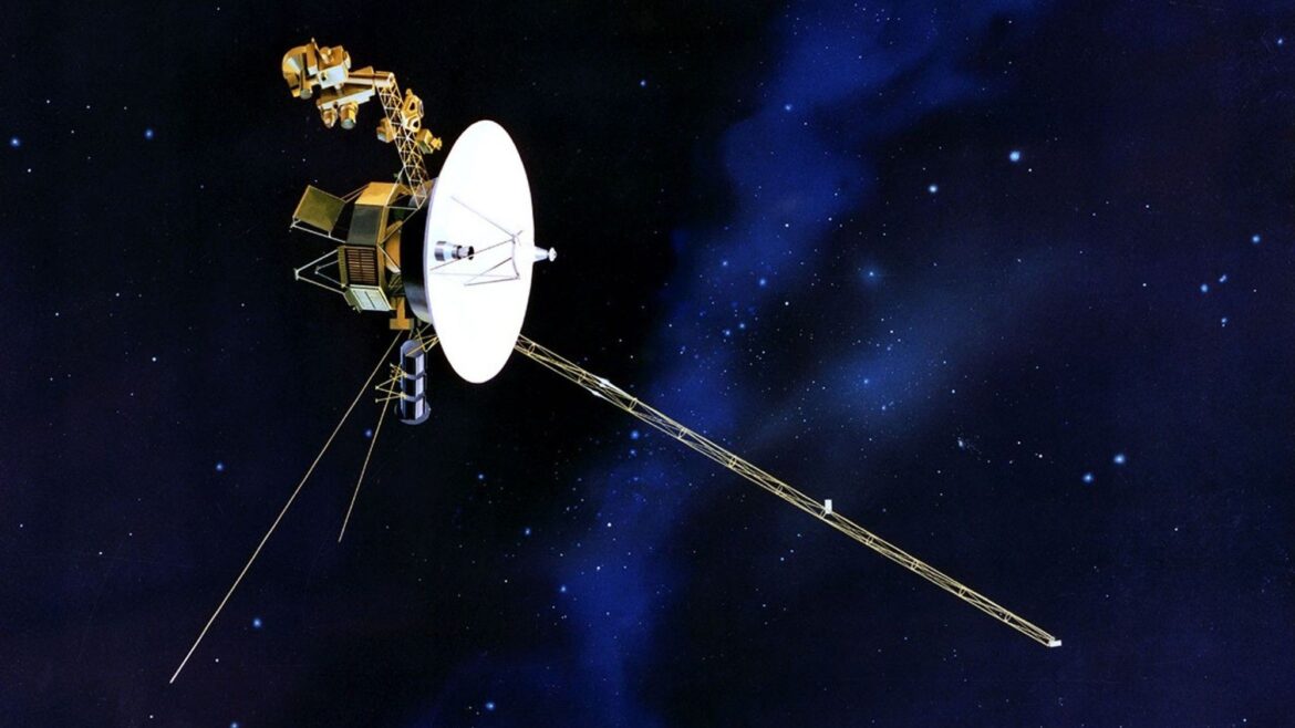 a spacecraft consisting of a large round radar dish, three long pole-like appendages extending from an octagonal body