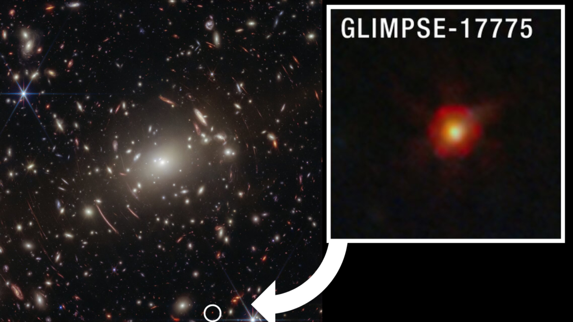 A view of lots of gravitationally warped galaxies in the universe. One small red dot is magnified in a boxout and called