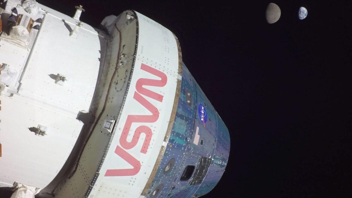 closeup of a cone-shaped spacecraft in deep space, with earth and the moon in the background