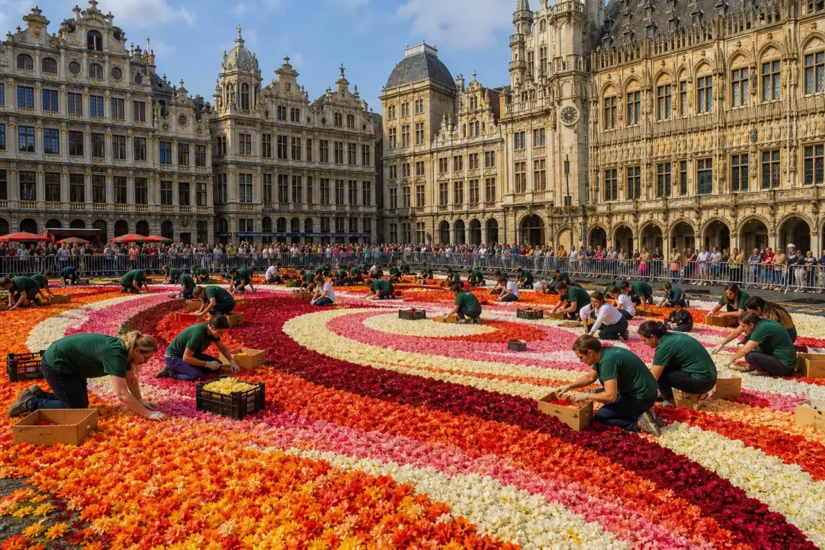 Brussels Unveils 70m Flower Carpet Inspired by Hokusai's "Great Wave