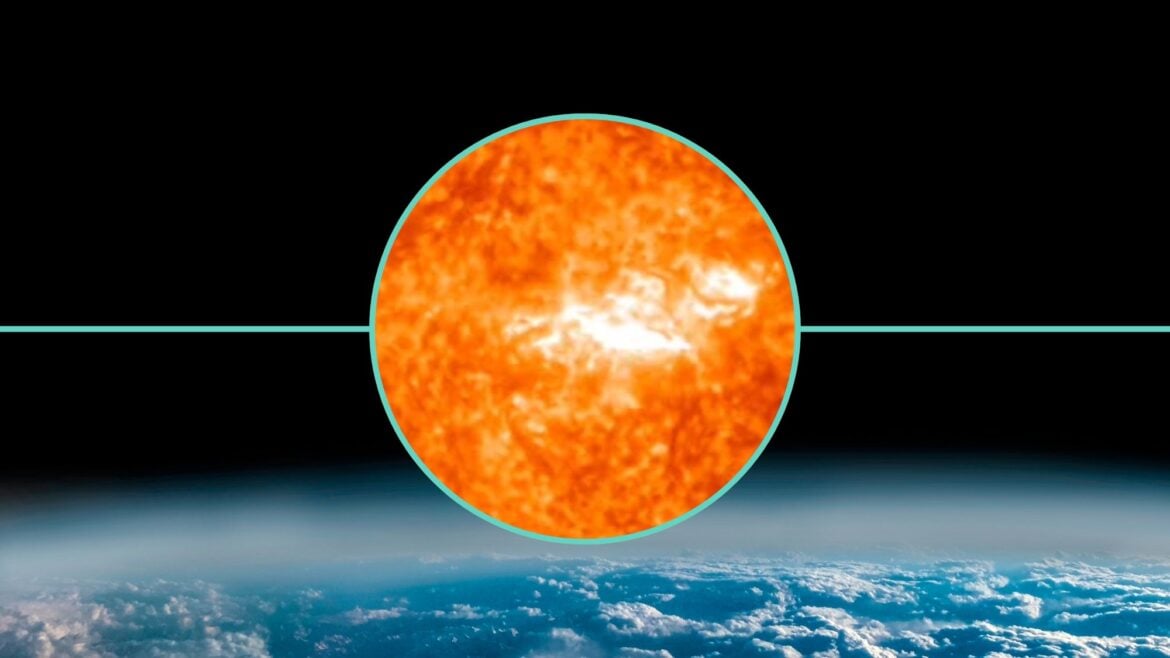 A close up view of the sun as a large eruption occurs - the m-class solar flare. in the background is earth from space