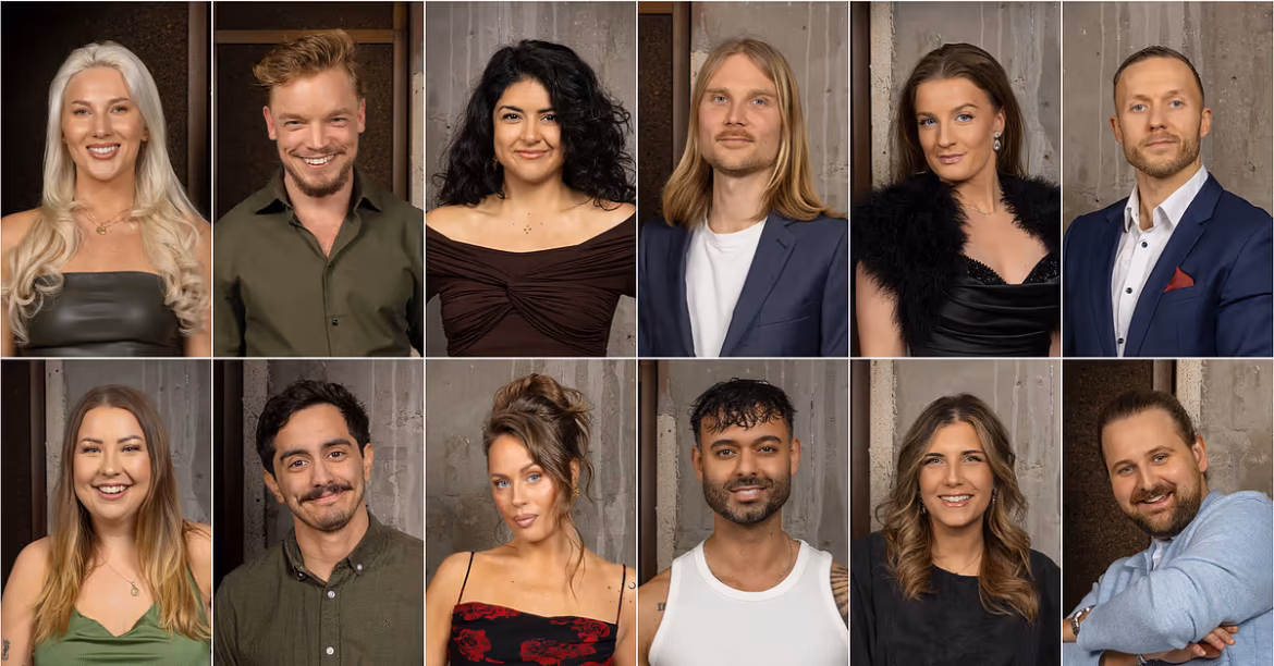 Gruppbild på deltagarna i Gift vid första ögonkastet XL, bland andra Sasan Momeni och Julia Jansson