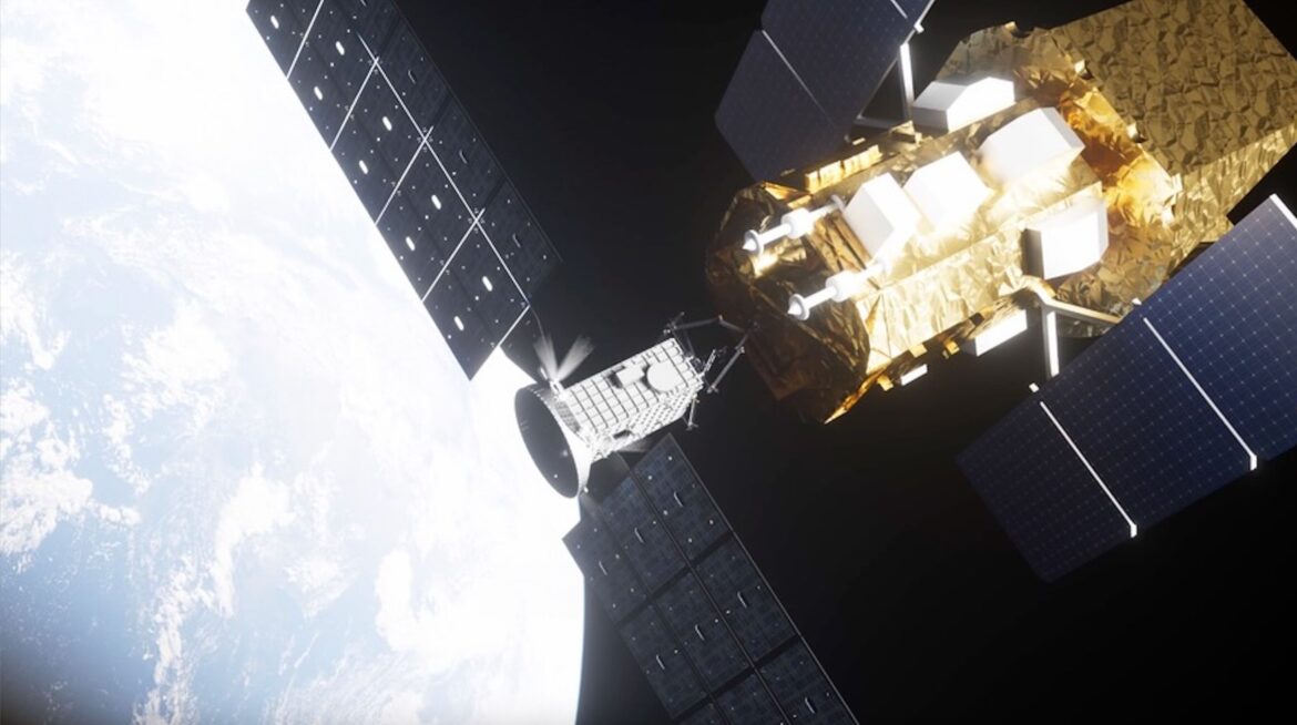 illustration of two satellites meeting up in orbit, with earth in the background