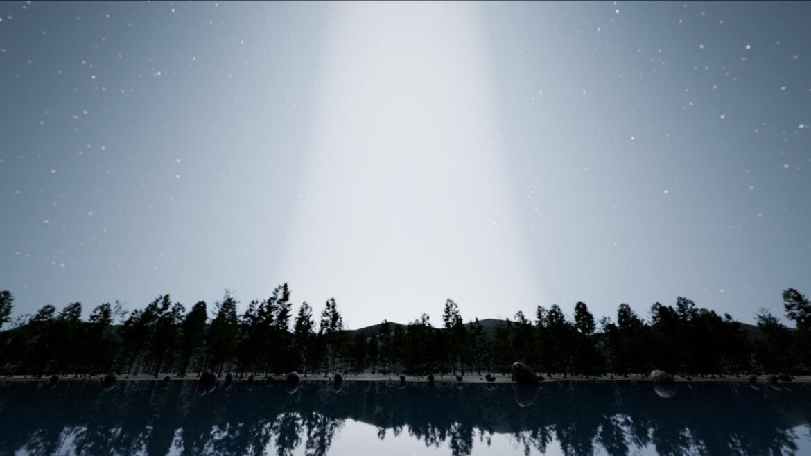 a bright beam of light obscures stars in a night sky above a silhouette of a tree line by a lake