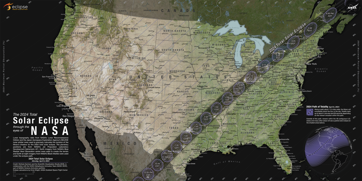 A map of the contiguous U.S. shows the path of the 2024 total solar eclipse stretching on a narrow band from Texas to Maine