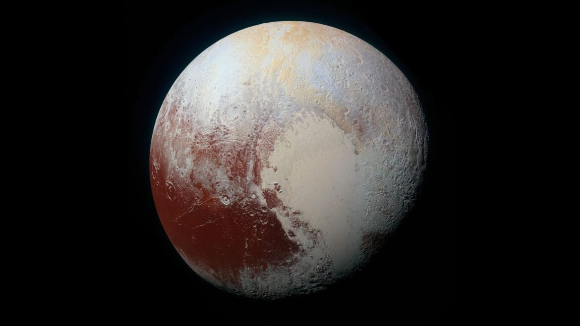 A view of a world with tan shades and a reddish area toward the bottom left of it