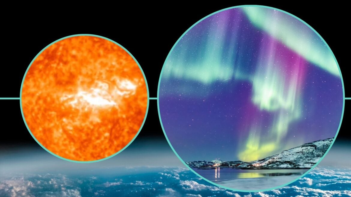 graphic with earth in the background on the left is the solar flare eruption close up and on the right is a dazzling