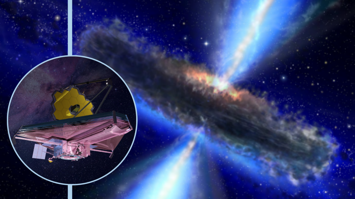A grayish ring seen edge-on with blue jets shooting out. In an inset, a view of the James Webb Space Telescope