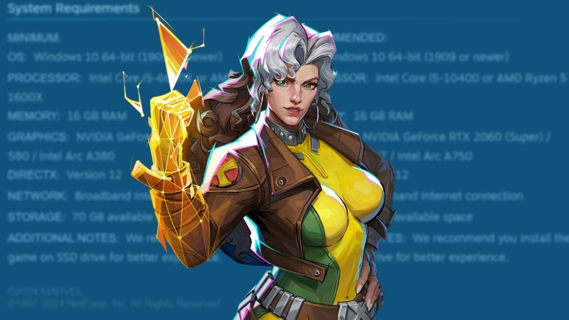 Rogue as she appears in Marvel Rivals, with Steam information on game download behind her