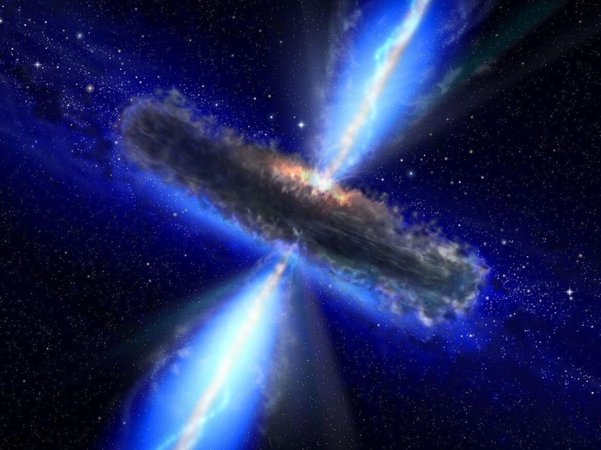 NASA and ESA artist's concept of a water-rich quasar surrounded by gas and dust