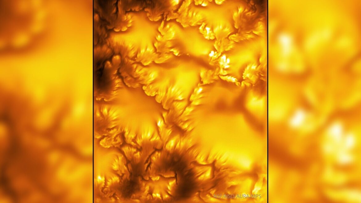 Yellow and orange swirls show the sun in sharp detail