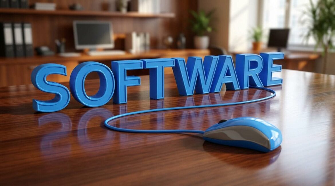 Blue 3D letters spelling SOFTWARE sit on a wooden desk, with a computer mouse in front, office shelves and plants in
