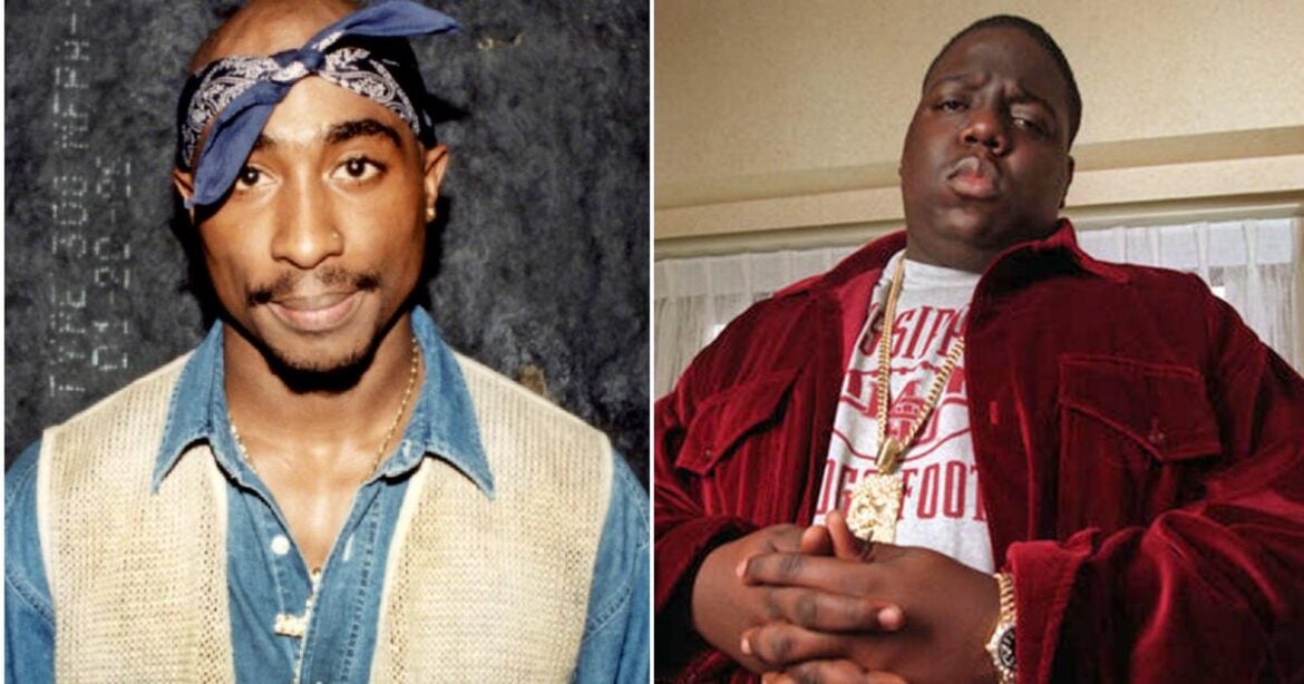 Left: Tupac Shakur Live In Concert CHICAGO - MARCH 1994: Rapper Tupac Shakur poses for photos backstage after his